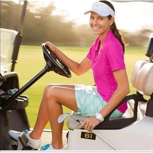 Athleta Top Birdie Rouched Collar Short Sleeves V-neck Pink Tennis Golf Size M - Picture 7 of 9